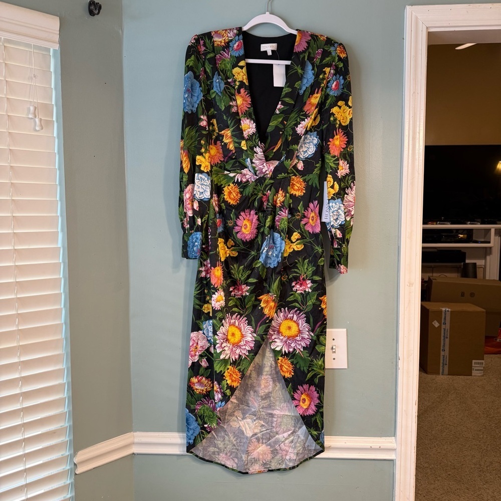 NWT Ronny Kobo Nina floral faux wrap dress Victorian print size large black